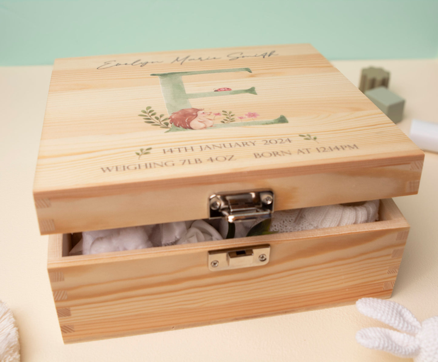 Personalised Baby Keepsake Box Green Woodland