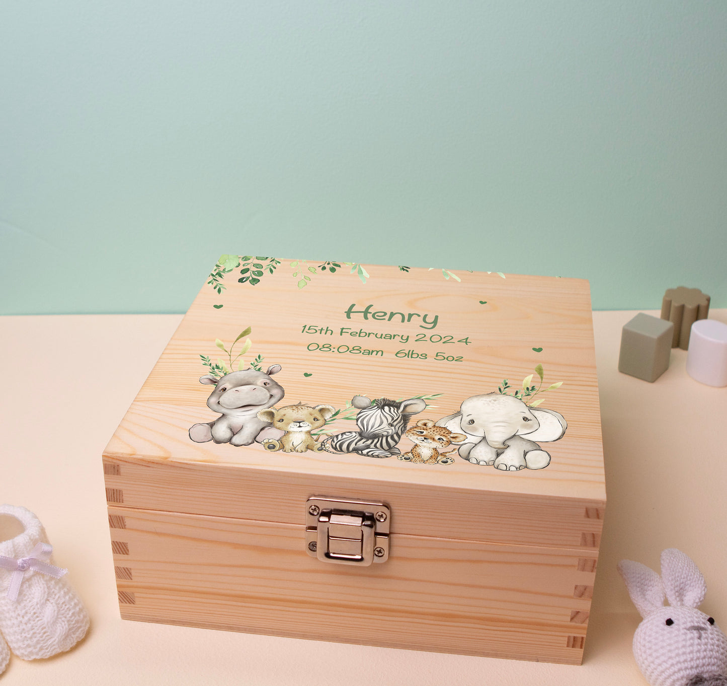 Personalised Baby Keepsake Box Safari Animal Leaves