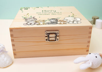 Personalised Baby Keepsake Box Safari Animal Leaves