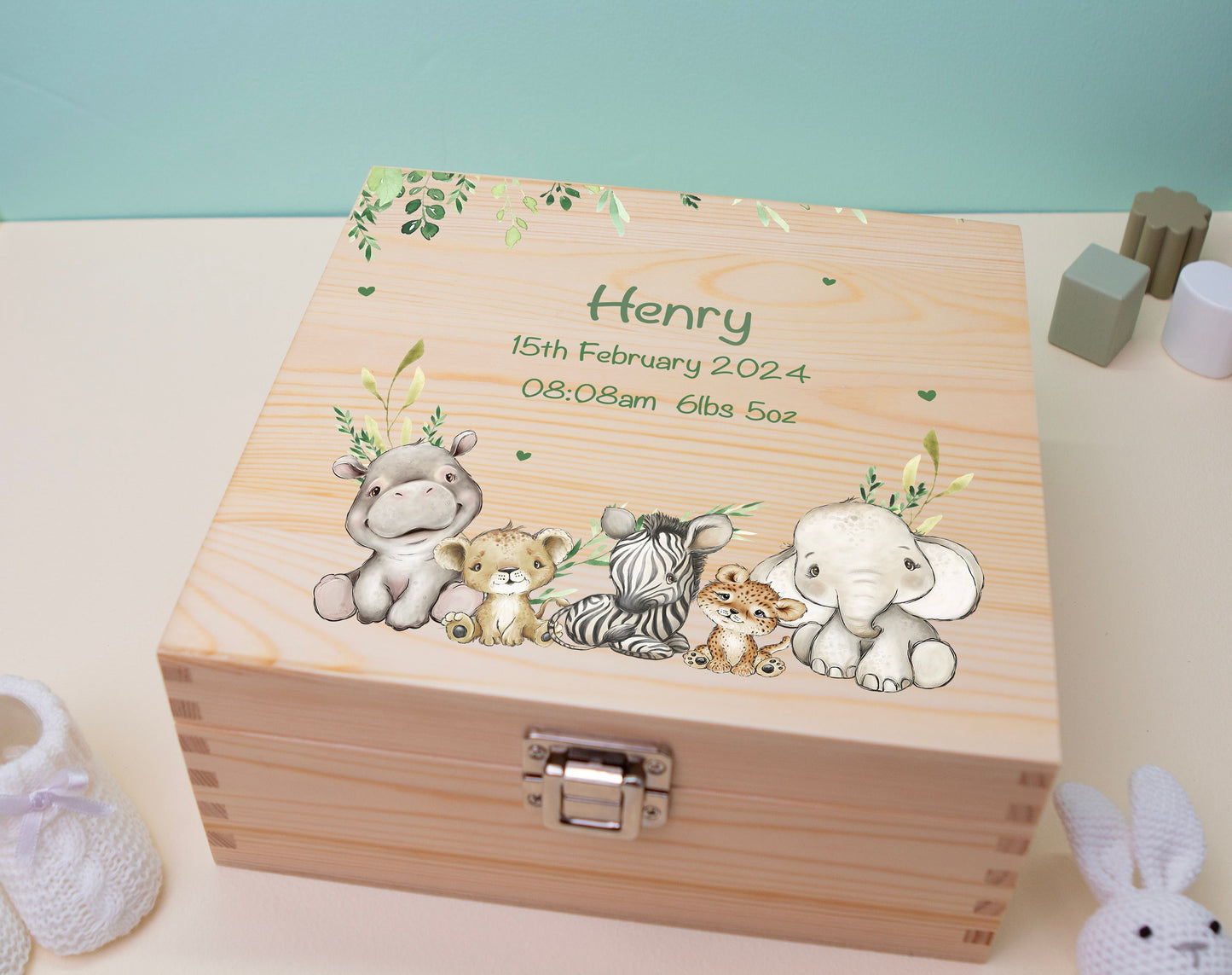 Personalised Baby Keepsake Box Safari Animal Leaves