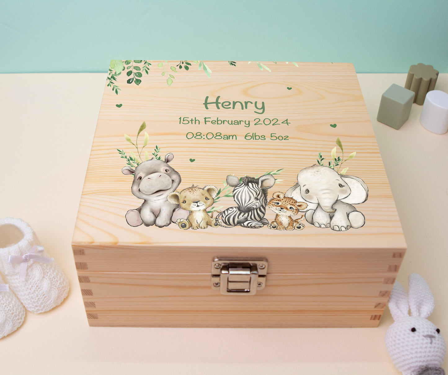 Personalised Baby Keepsake Box Safari Animal Leaves