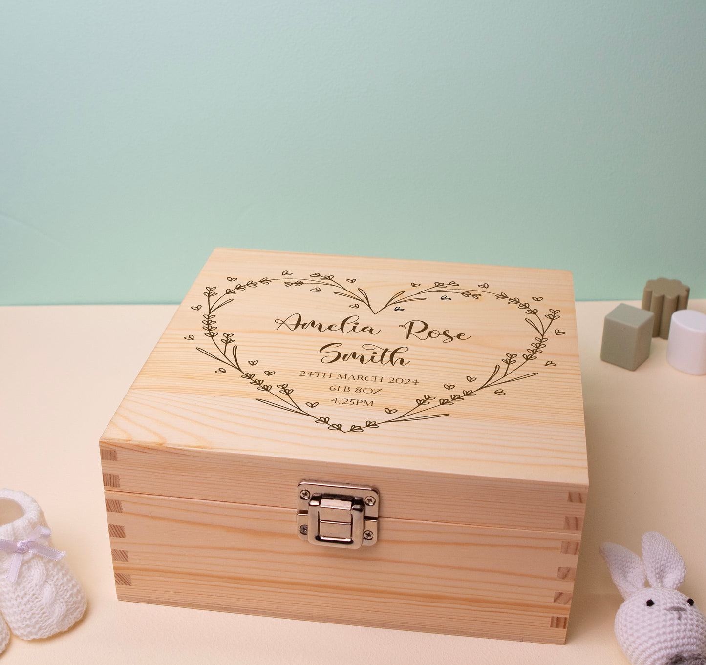 Personalised Wooden Baby Keepsake Box Heart