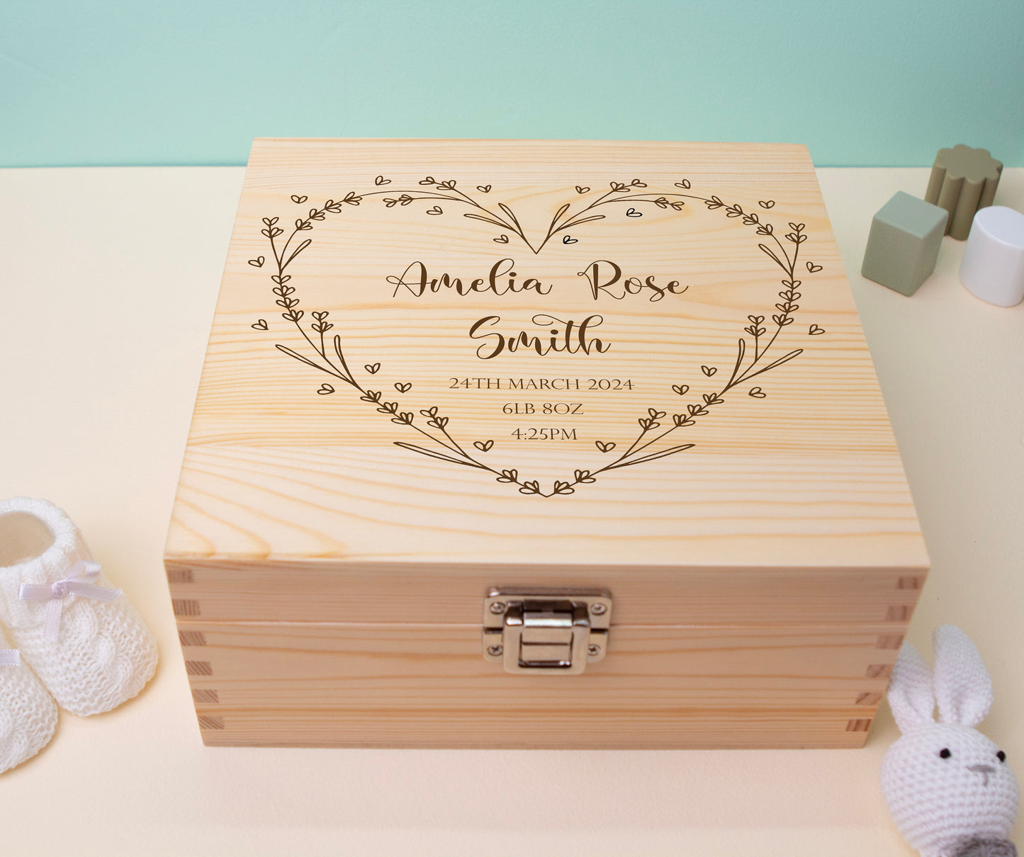 Personalised Wooden Baby Keepsake Box Heart