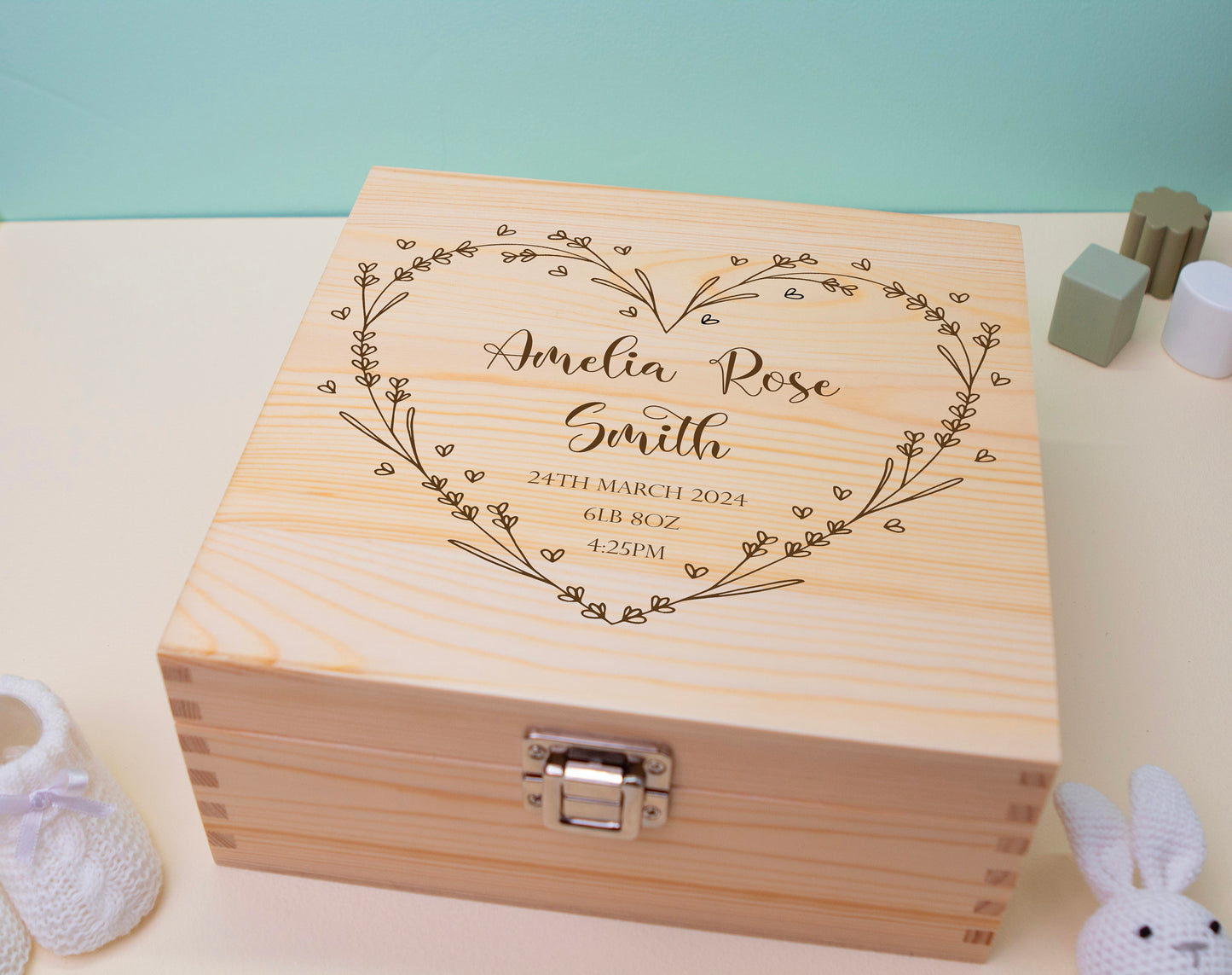 Personalised Wooden Baby Keepsake Box Heart