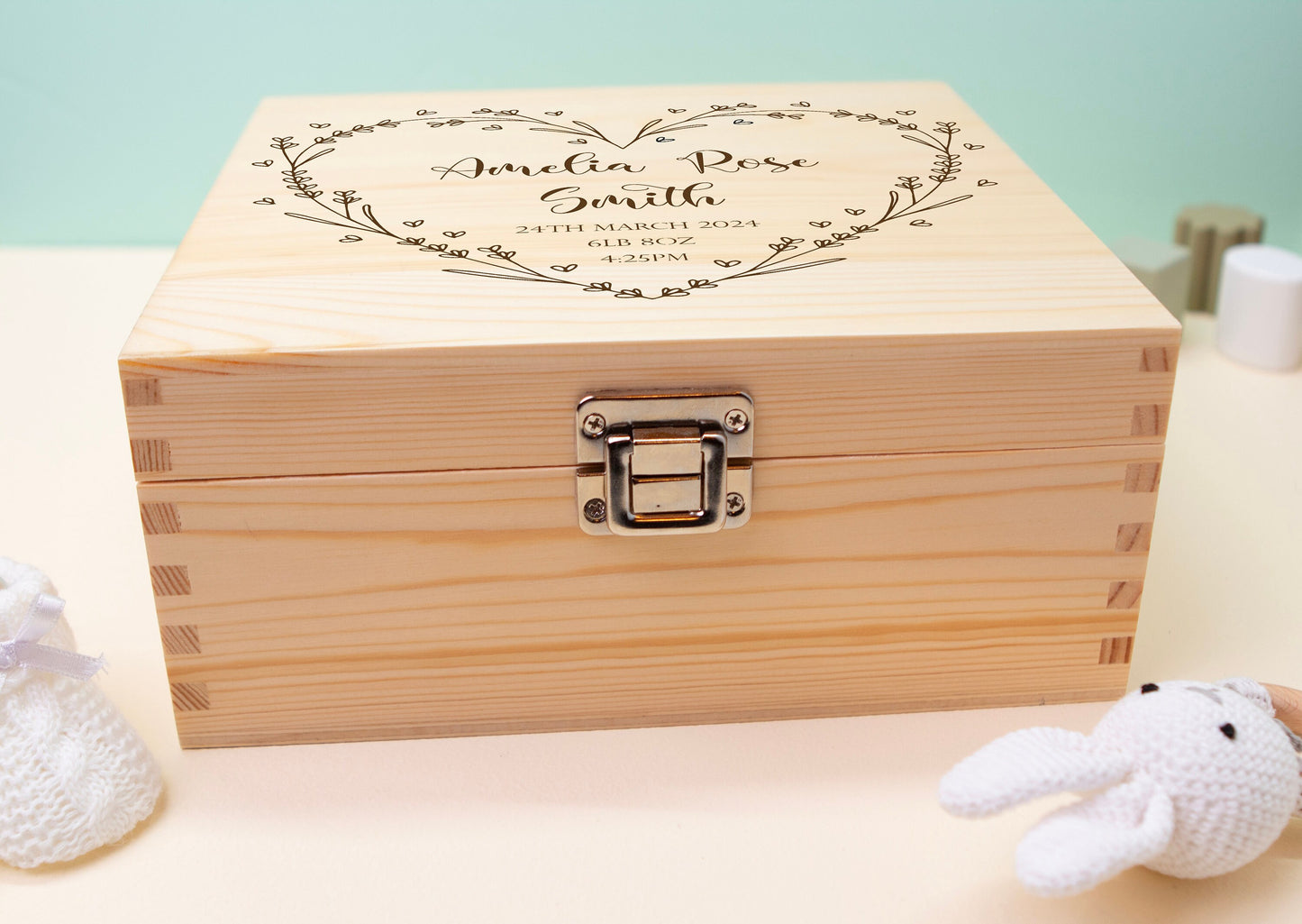 Personalised Wooden Baby Keepsake Box Heart