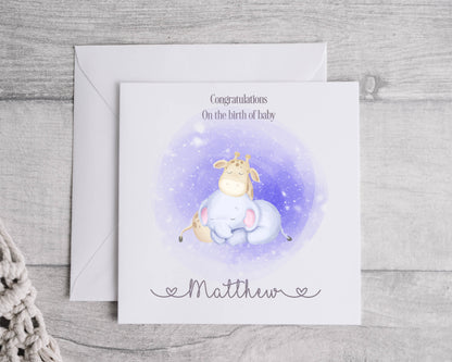 Personalised Elephant & Giraffe Baby Card