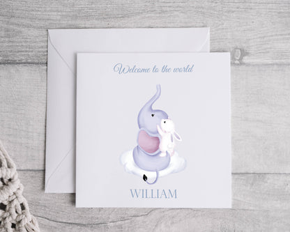 Personalised Elephant & Rabbit Baby Card