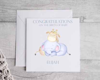 Personalised Elephant & Giraffe Baby Card