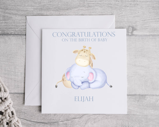 Personalised Elephant & Giraffe Baby Card