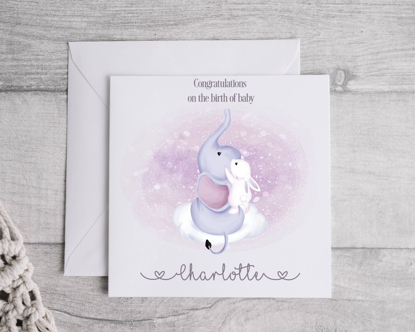 Pink Elephant & Rabbit Baby Card