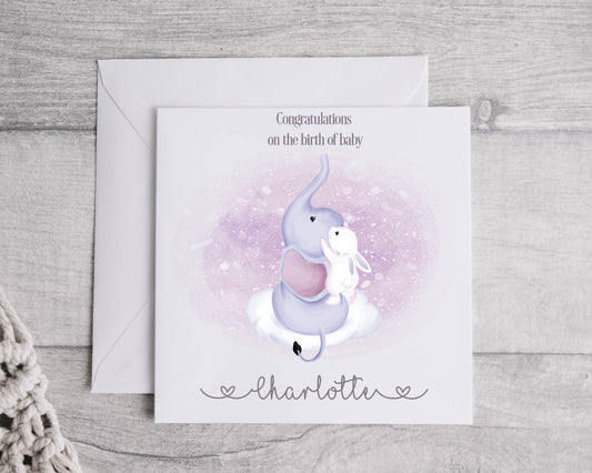 Pink Elephant & Rabbit Baby Card