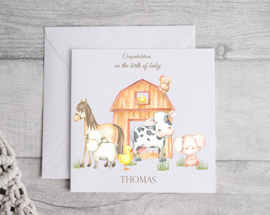 Personalised Barn Animals Baby Card