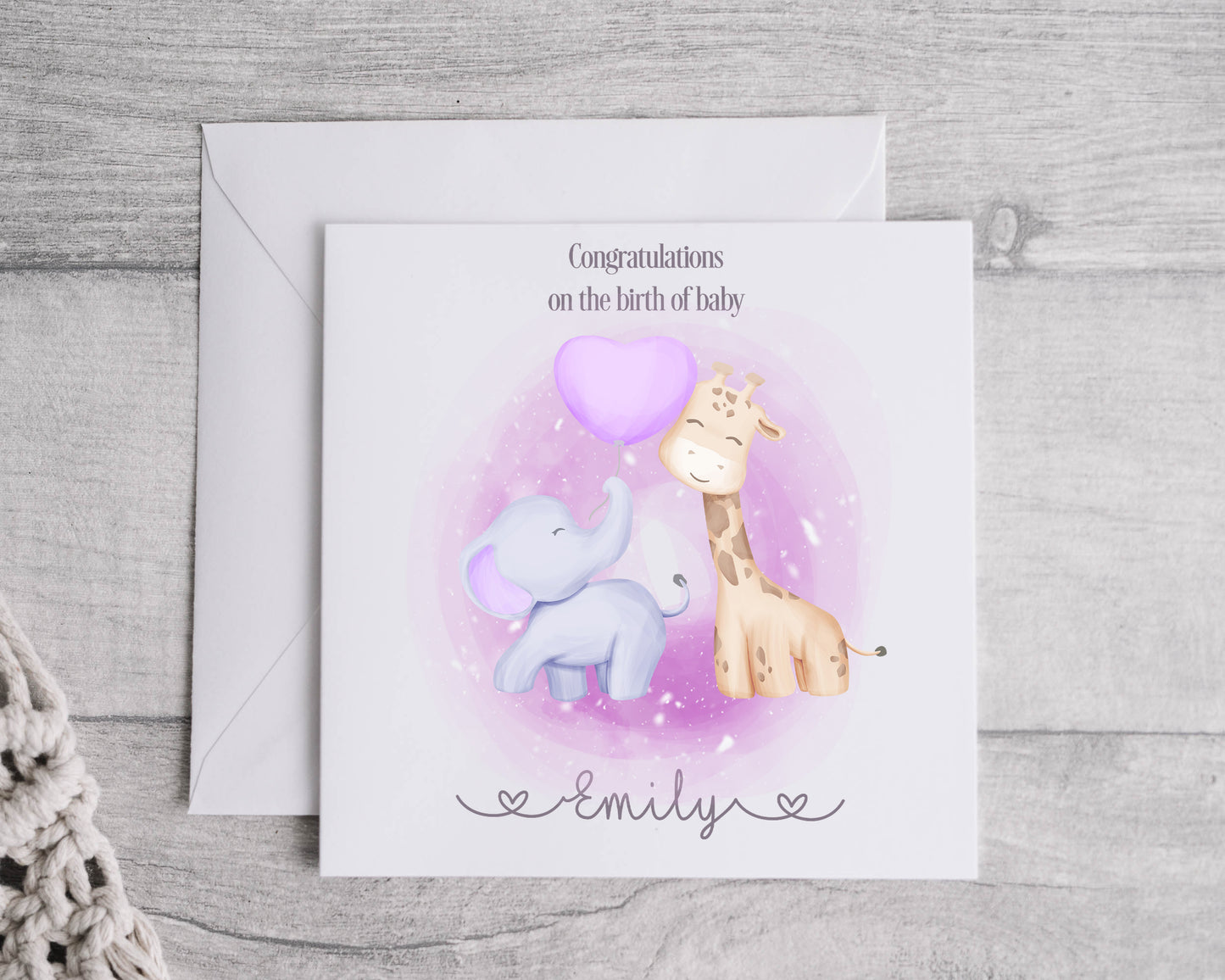 Pink Elephant & Giraffe Baby Card