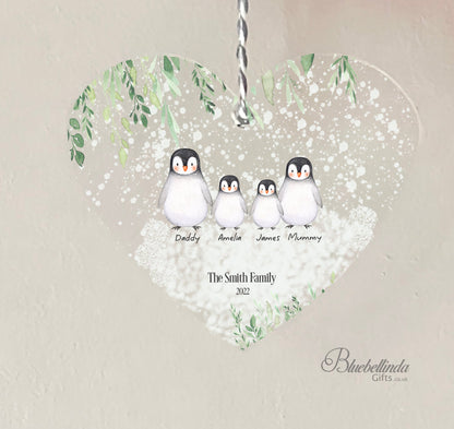 Personalised Penguin Family Hanging Heart Christmas Decoration