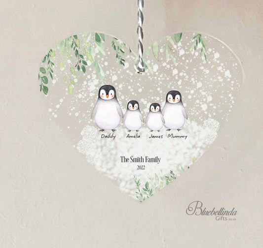 Personalised Penguin Family Hanging Heart Christmas Decoration