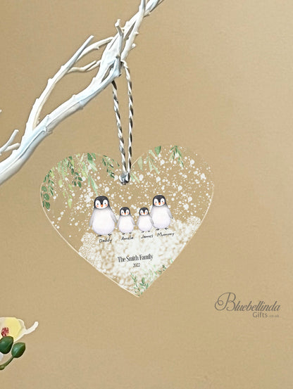 Personalised Penguin Family Hanging Heart Christmas Decoration