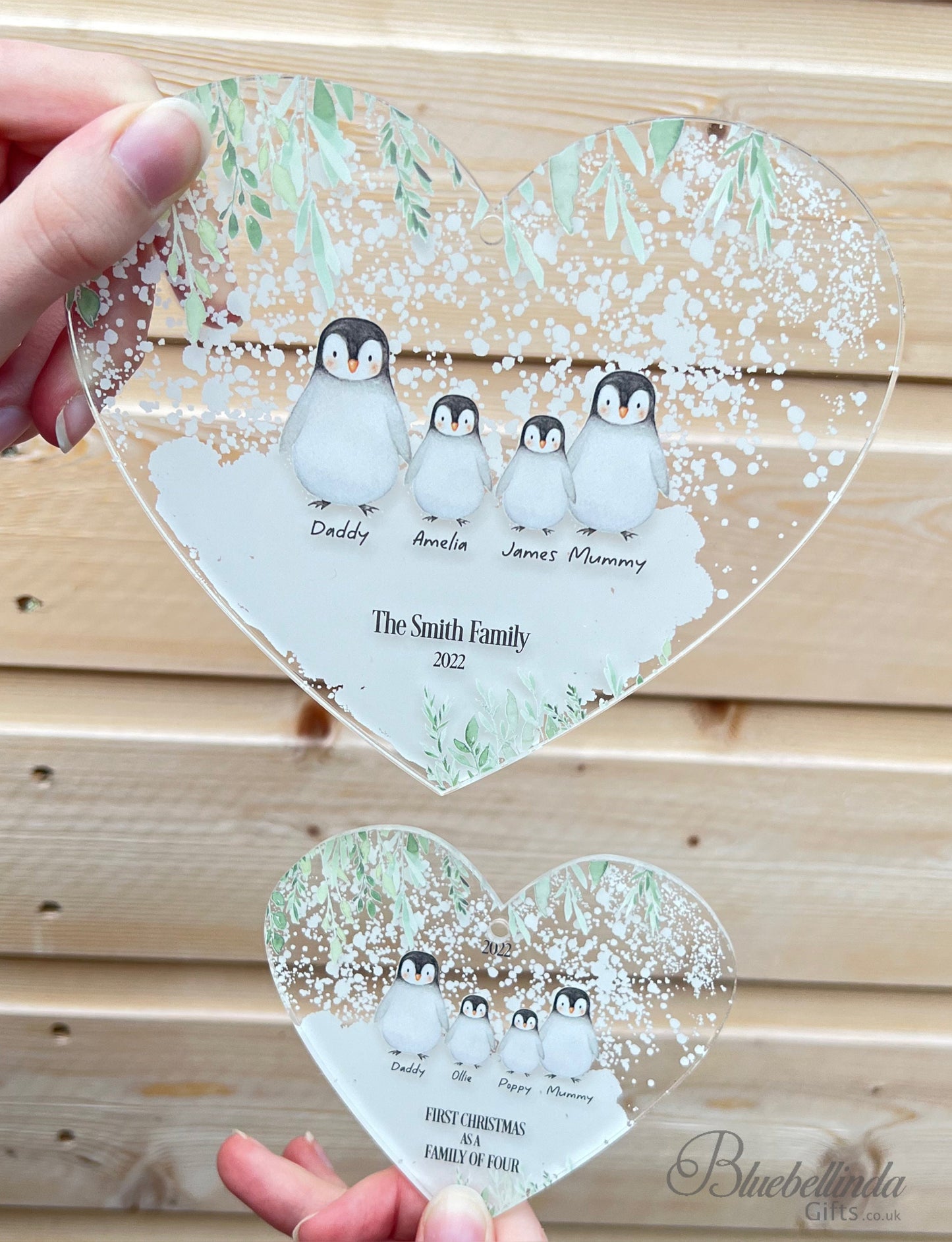 Personalised Penguin Family Hanging Heart Christmas Decoration