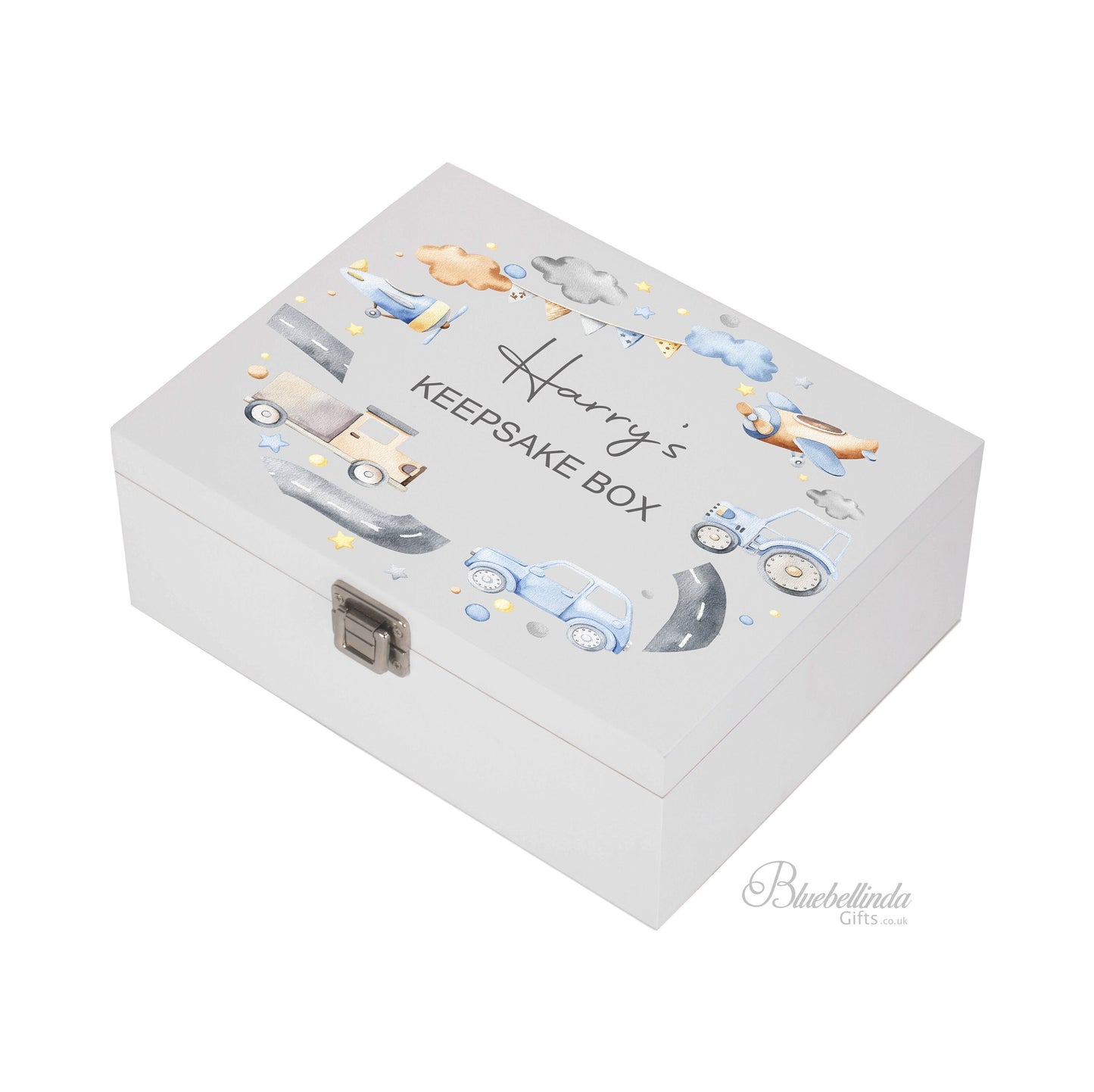 Personalised Blue Vehicles Baby Keepsake Box