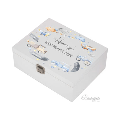 Personalised Blue Vehicles Baby Keepsake Box