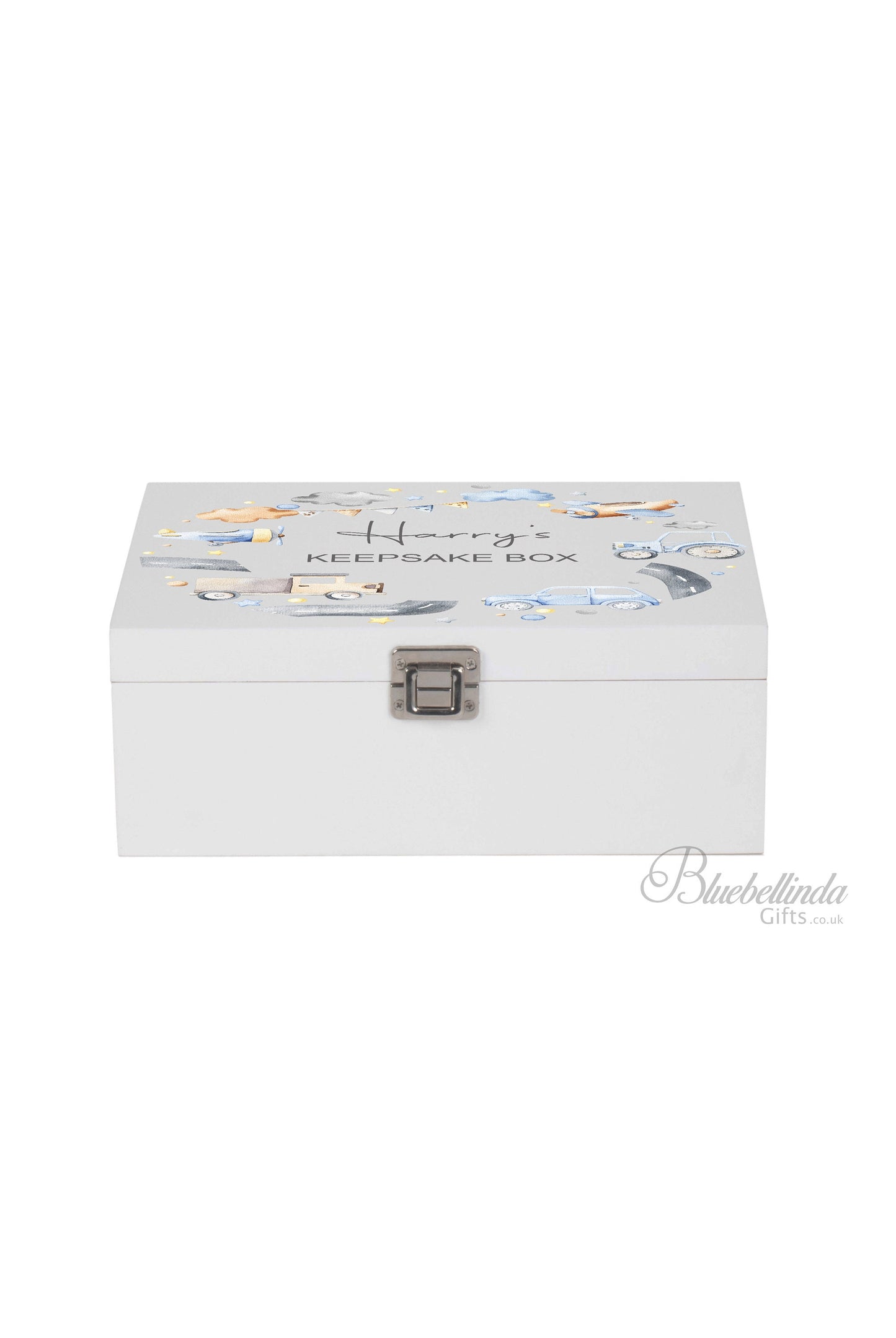 Personalised Blue Vehicles Baby Keepsake Box