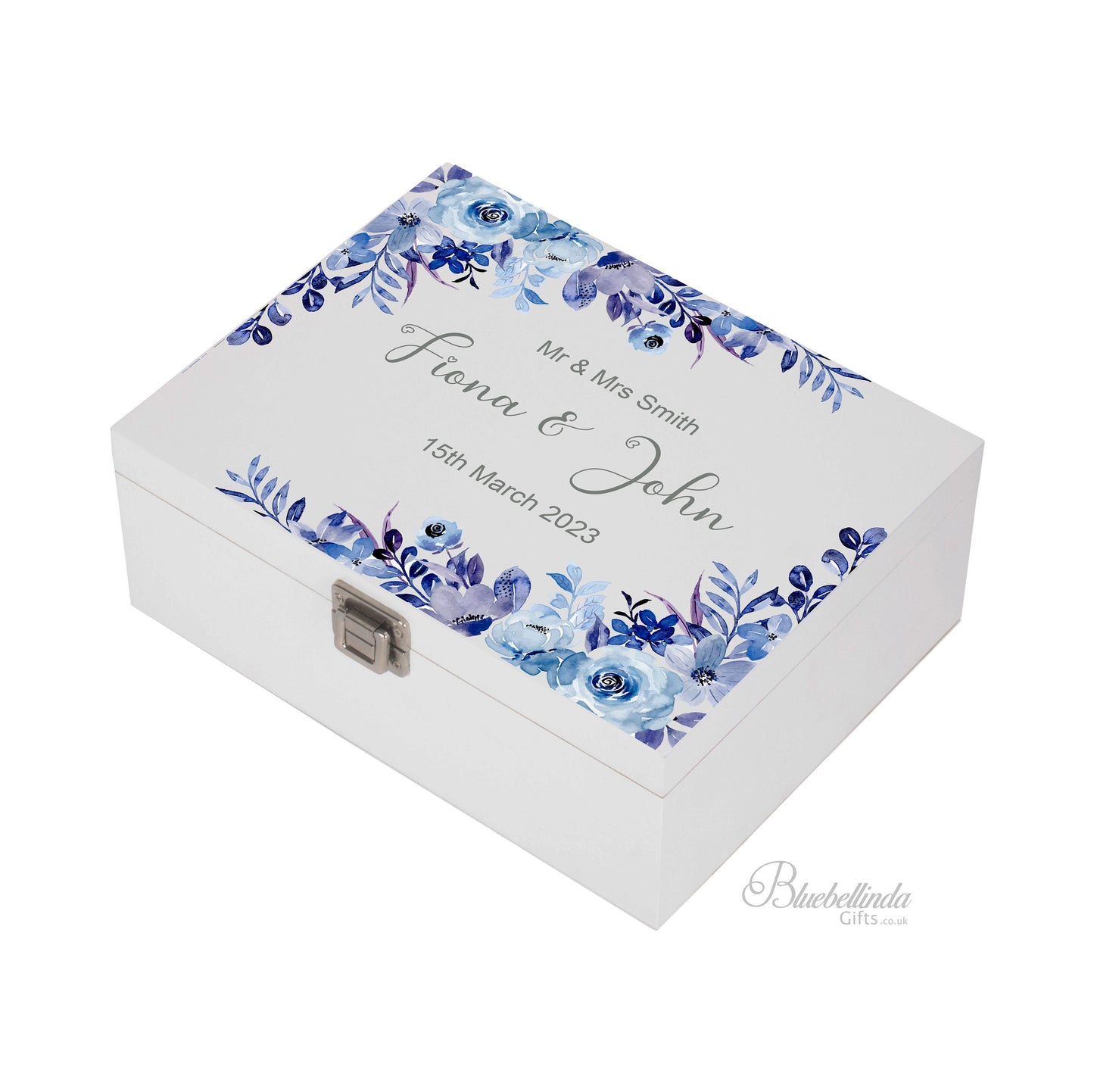 Personalised Blue Flower Wedding Keepsake Box