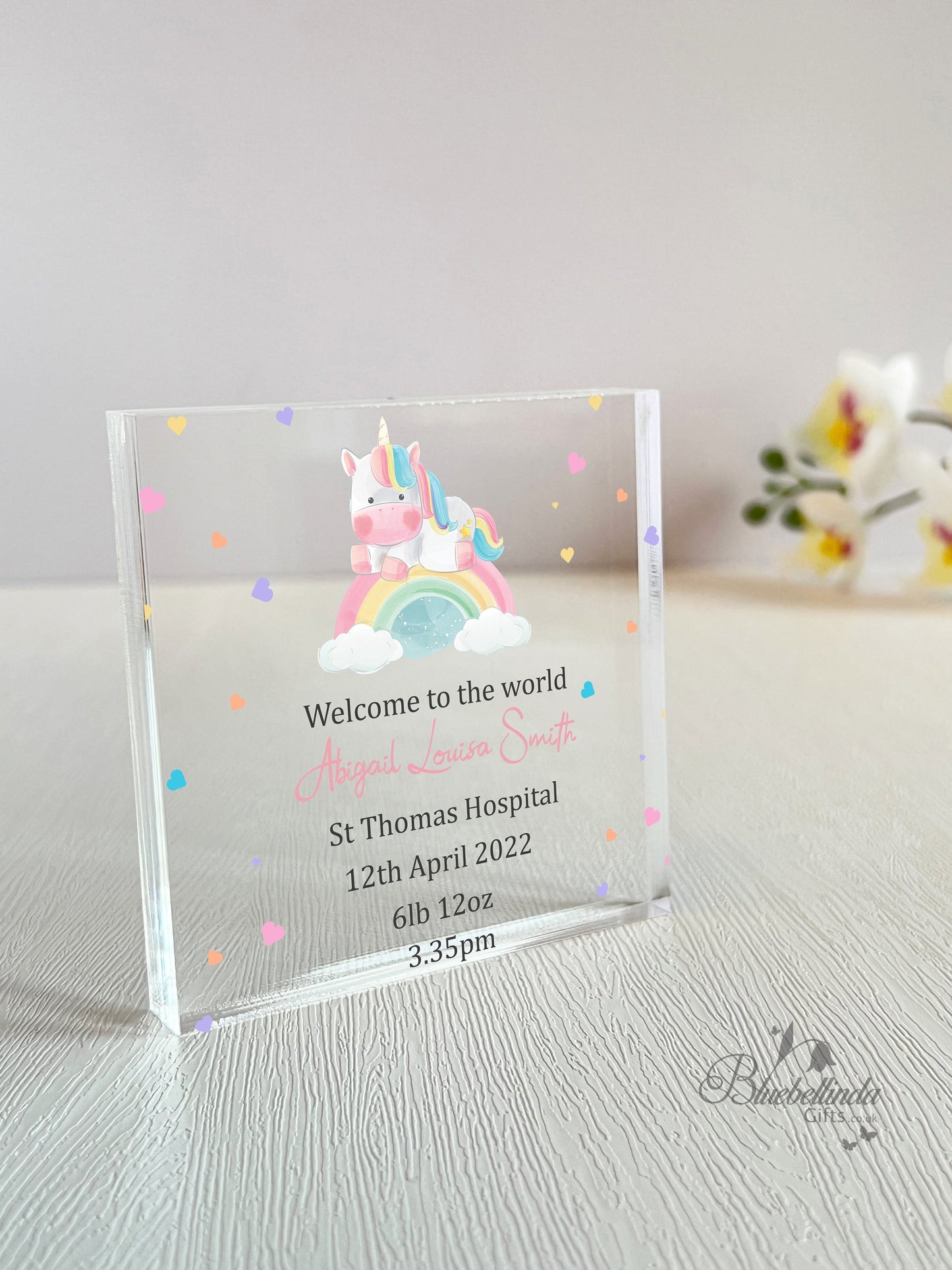 Personalised Unicorn Rainbow Acrylic Block