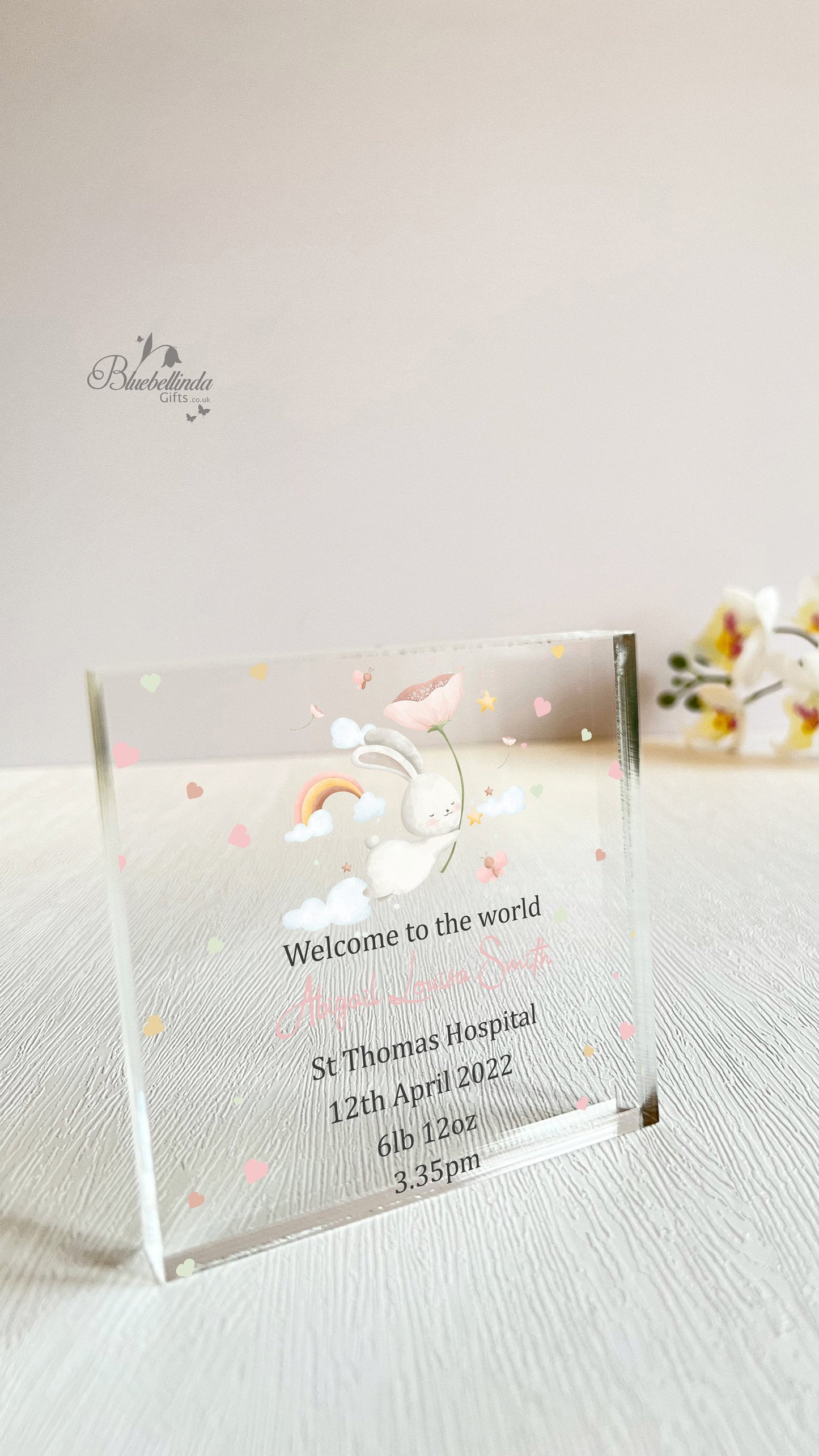 Personalised Bunny Rabbit Flower Acrylic Block