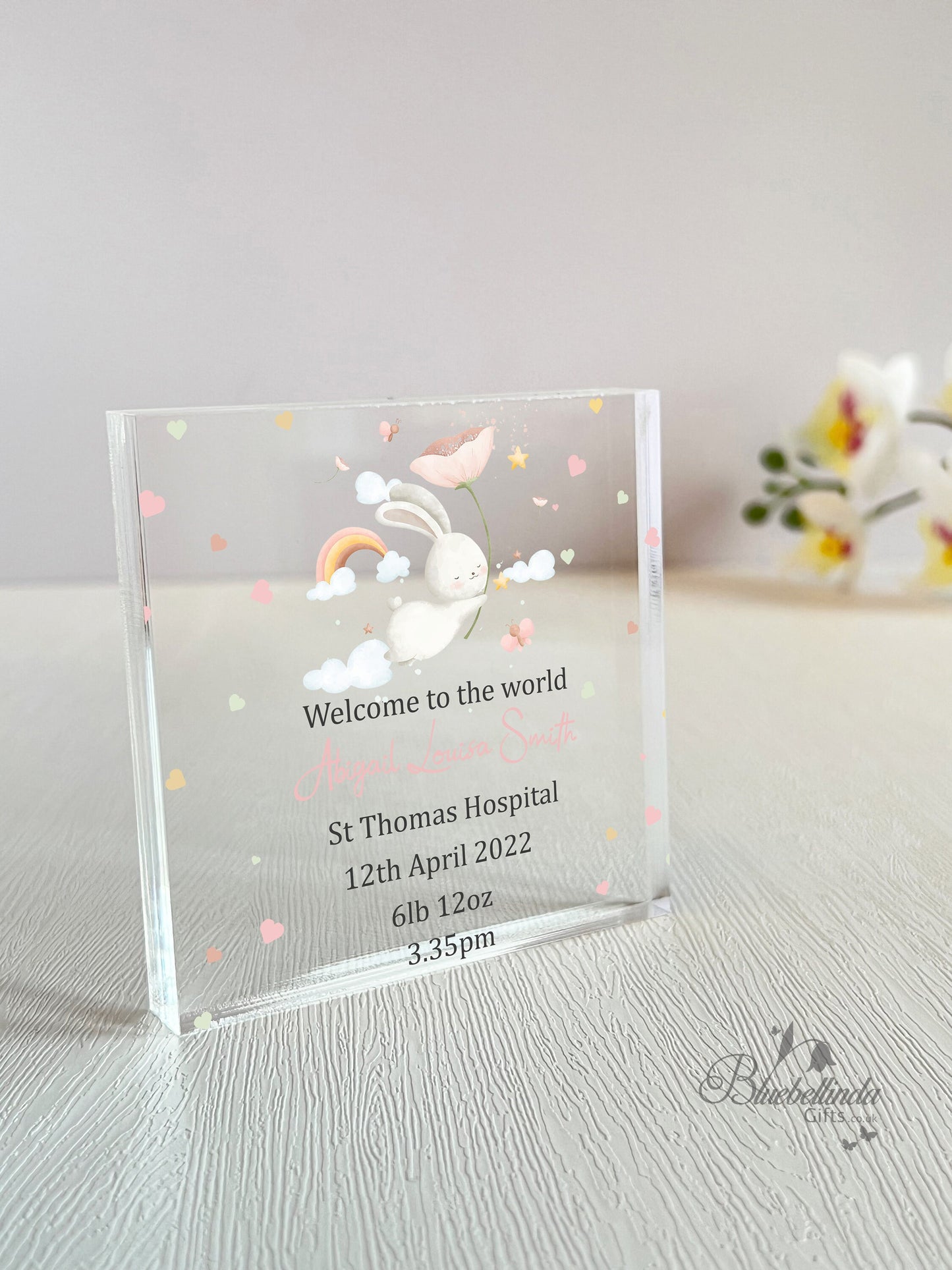 Personalised Bunny Rabbit Flower Acrylic Block