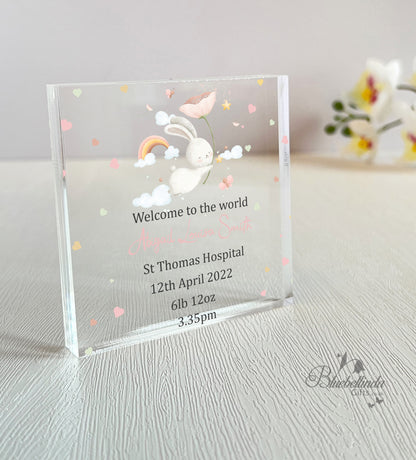 Personalised Bunny Rabbit Flower Acrylic Block