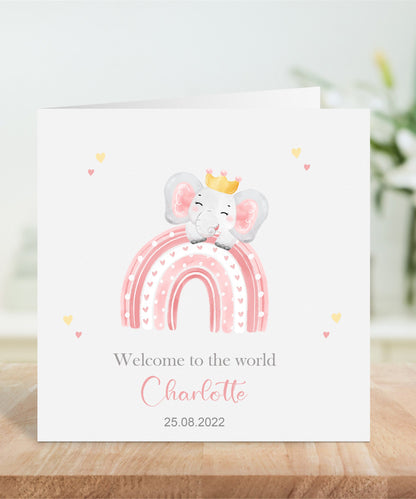 Personalised Pink Elephant Baby Card