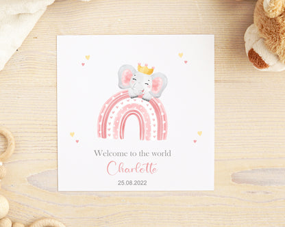 Personalised Pink Elephant Baby Card