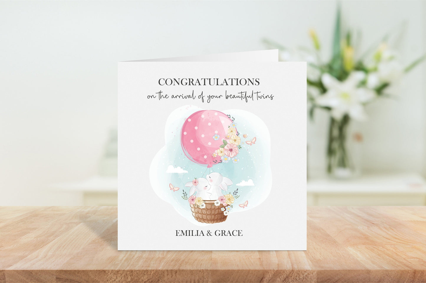 Personalised Pink Hot Air Ballon Baby Card