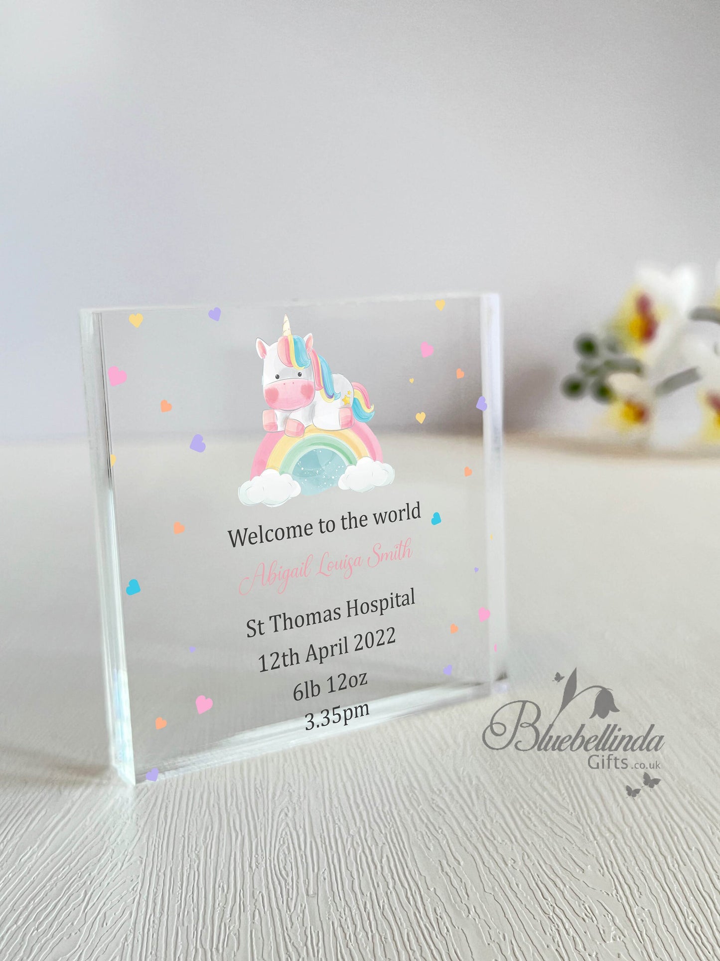 Personalised Unicorn Rainbow Acrylic Block