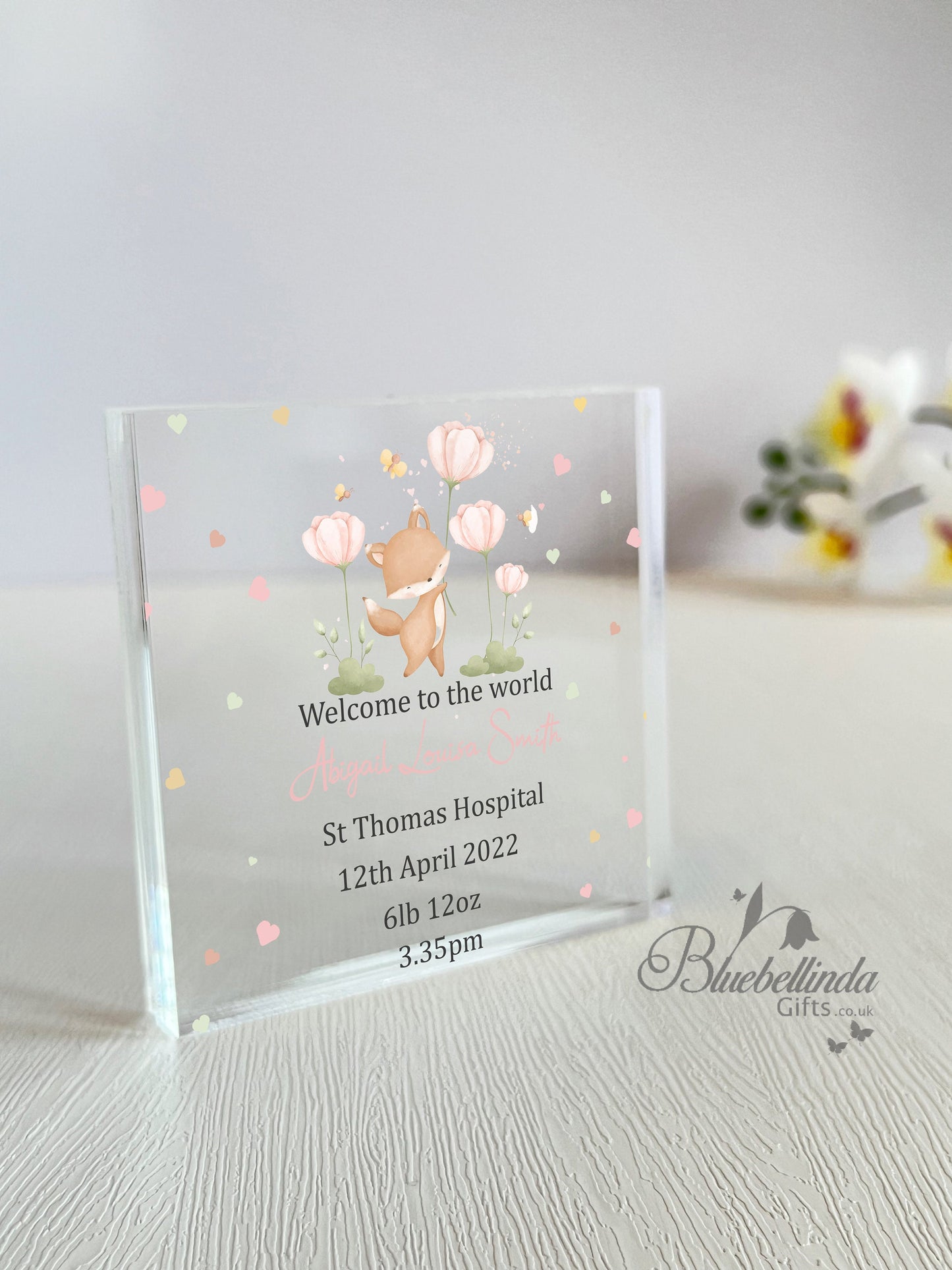 Personalised Fox Flowers Acrylic Block