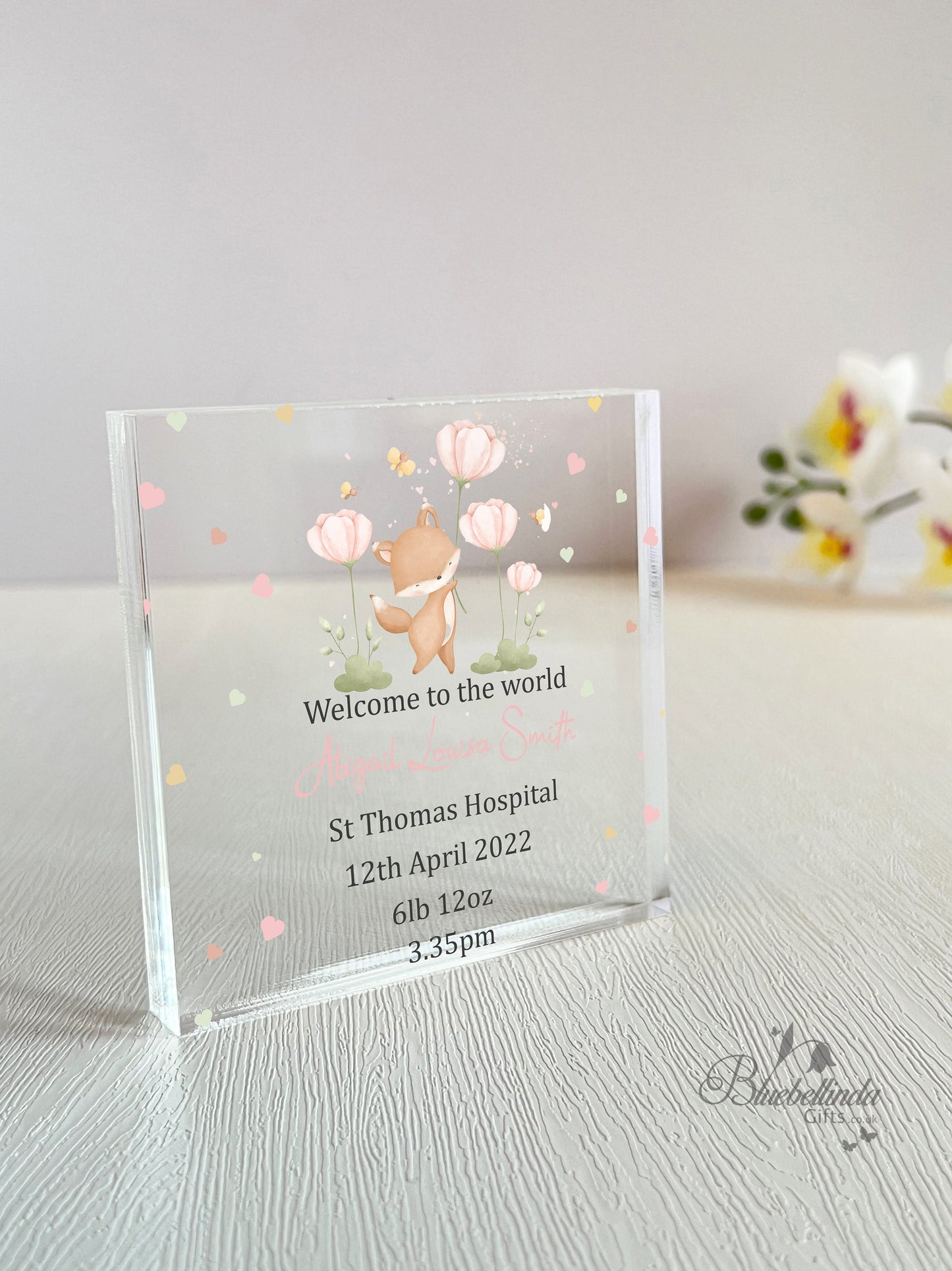 Personalised Fox Flowers Acrylic Block