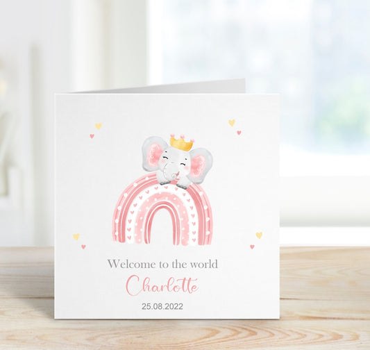 Personalised Pink Elephant Baby Card