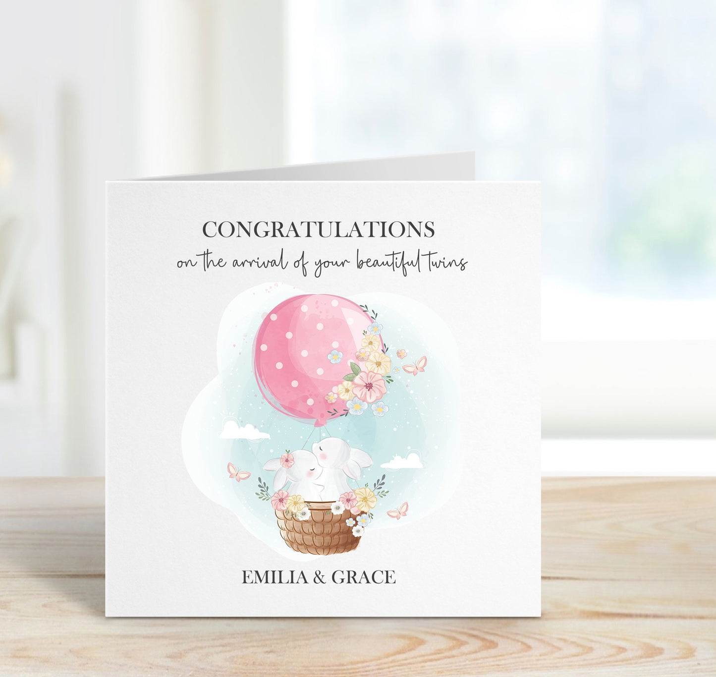 Personalised Pink Hot Air Ballon Baby Card