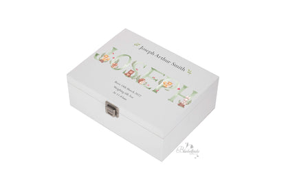 Personalised Green Initial Woodland Animals Baby Keepsake Box