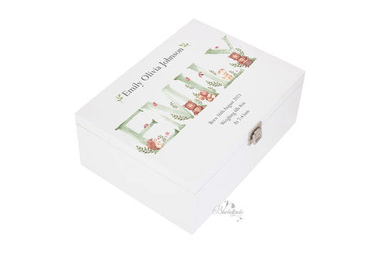 Personalised Green Initial Woodland Animals Baby Keepsake Box