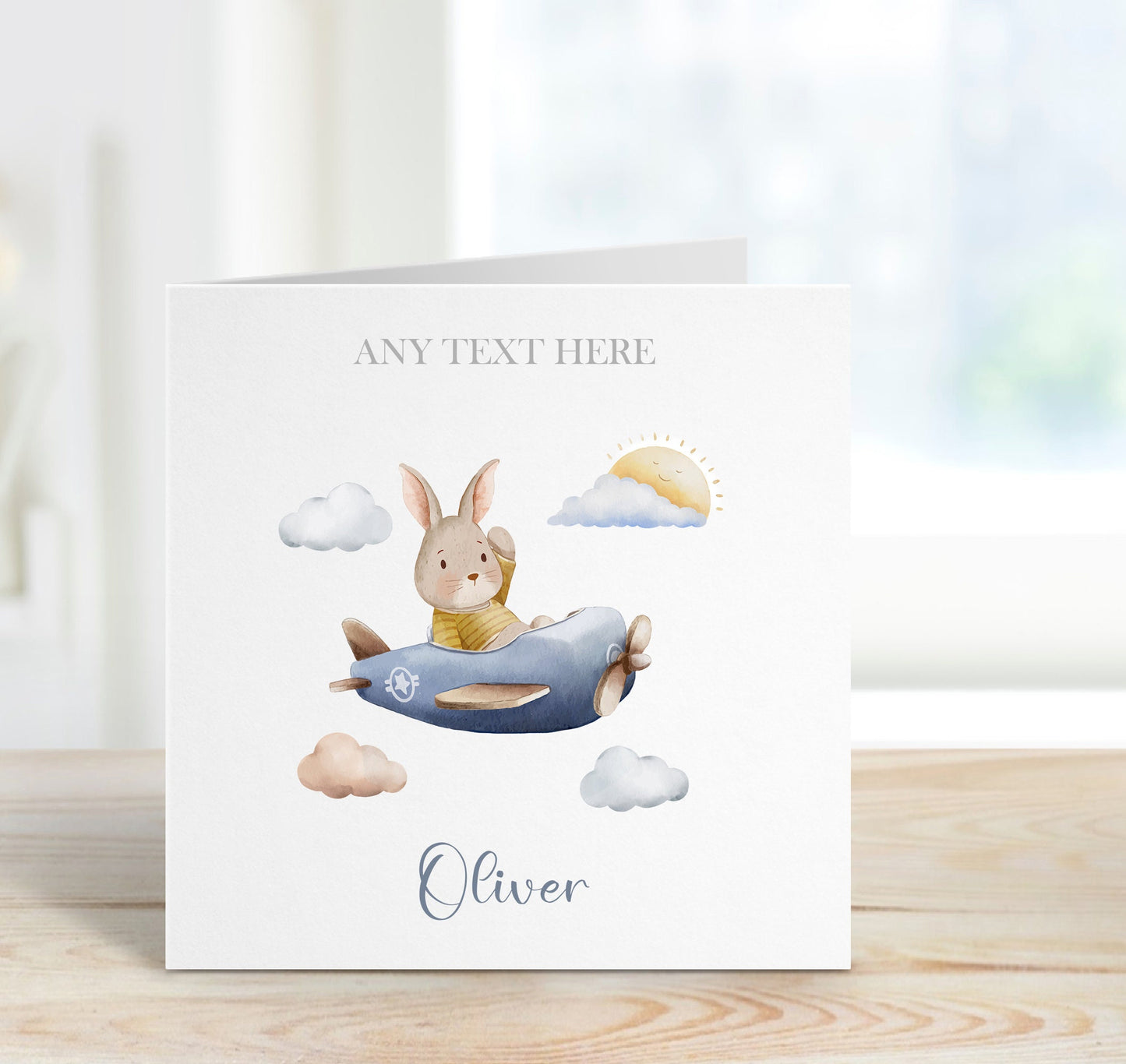 Personalised Airplane Rabbit Baby Card