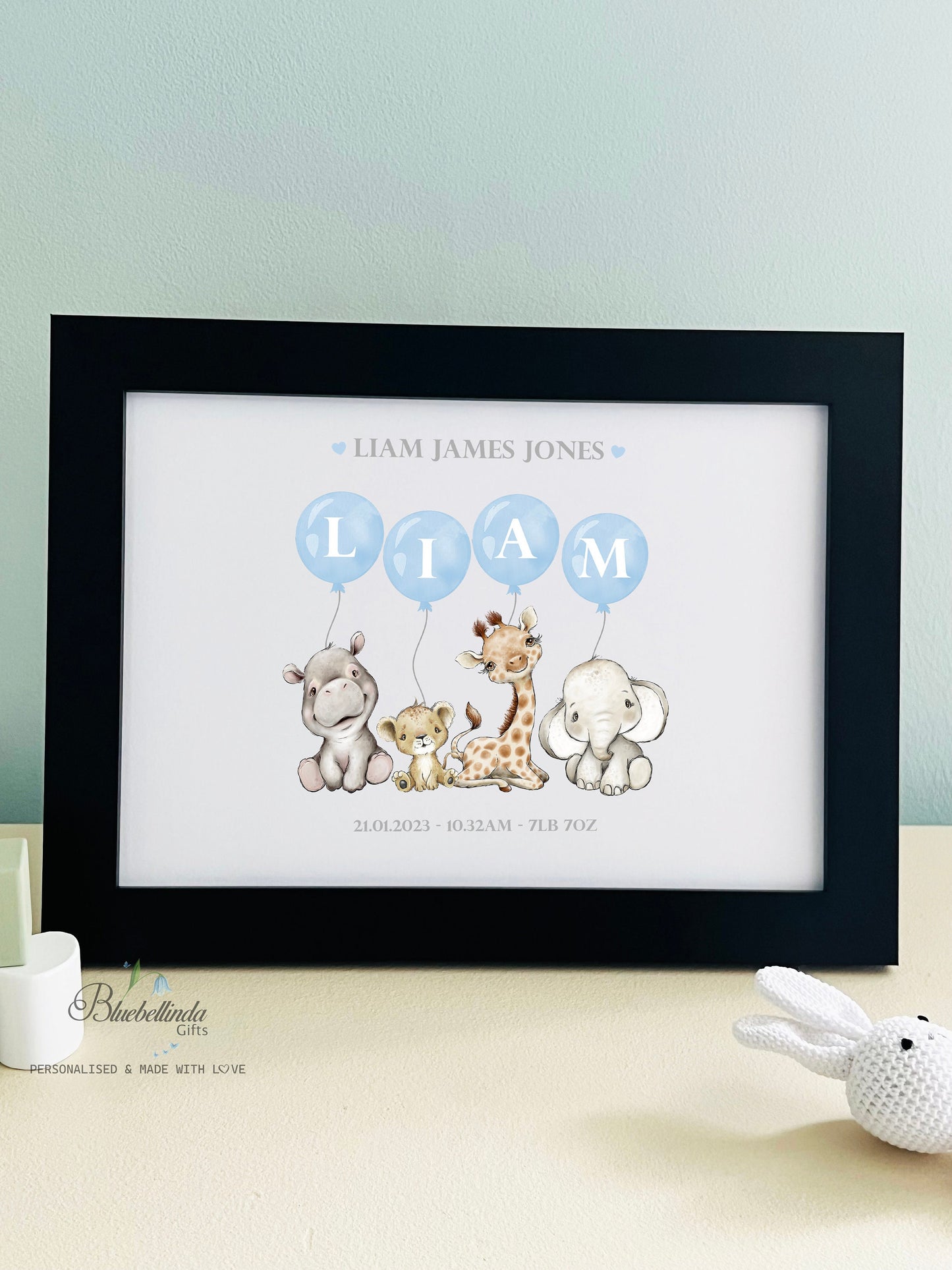 Personalised Blue Balloon Animal Safari Baby A4 Print