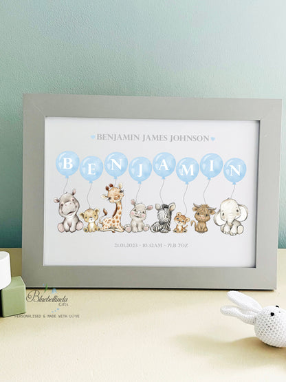 Personalised Blue Balloon Animal Safari Baby A4 Print