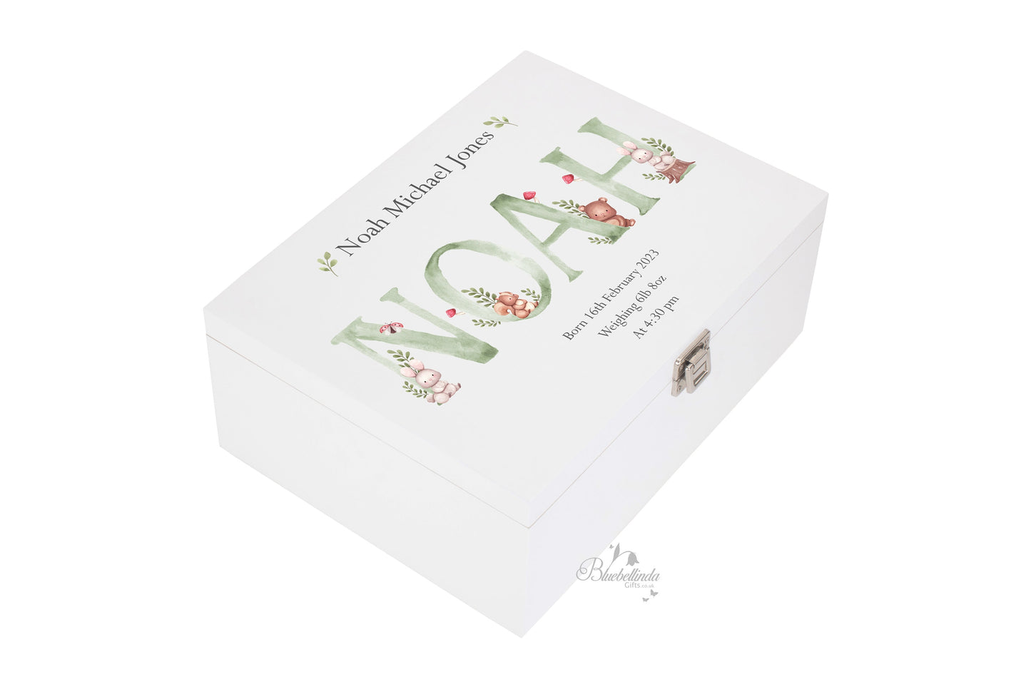 Personalised Green Initial Woodland Animals Baby Keepsake Box