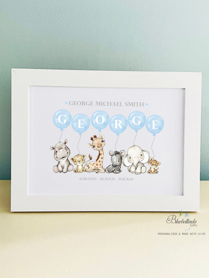 Personalised Blue Balloon Animal Safari Baby A4 Print