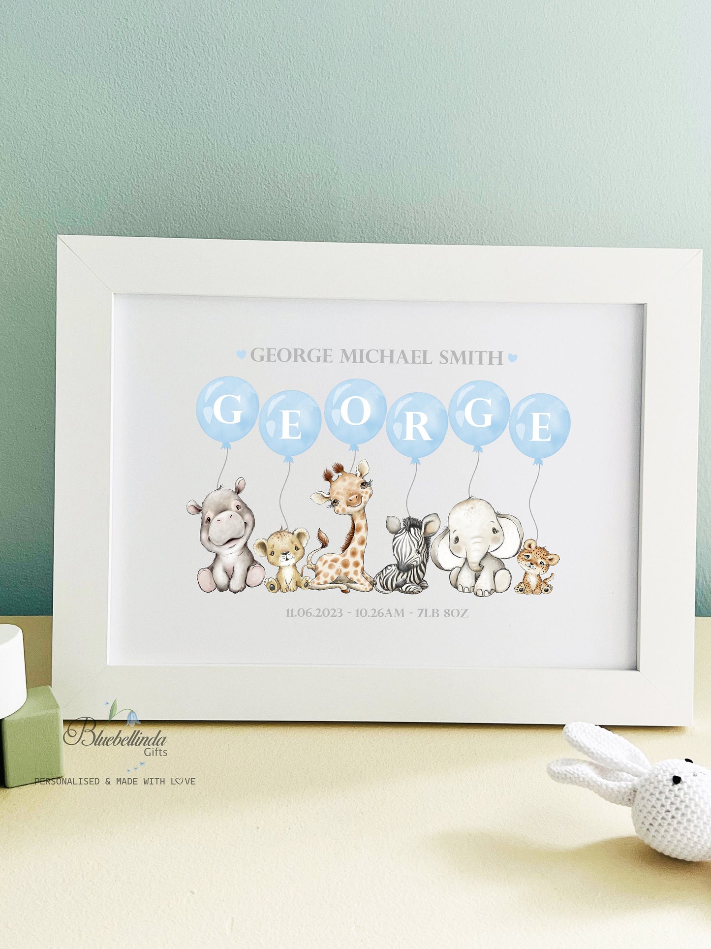 Personalised Blue Balloon Animal Safari Baby A4 Print