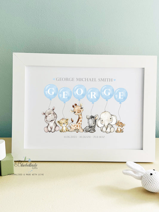 Personalised Blue Balloon Animal Safari Baby A4 Print