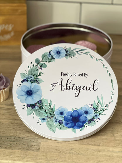 Personalised Blue Floral Cake Tin