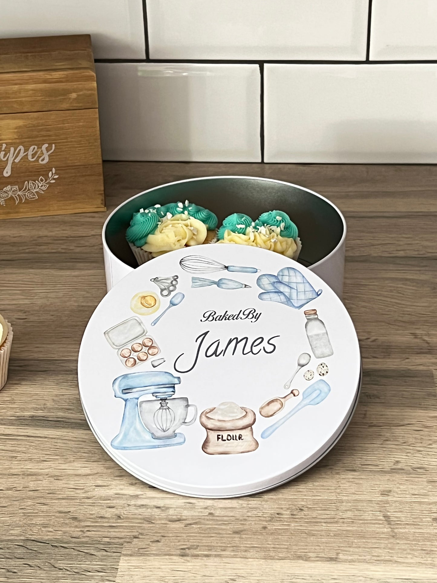 Personalised Blue Mixer Wreath Cake Tin