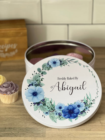 Personalised Blue Floral Cake Tin